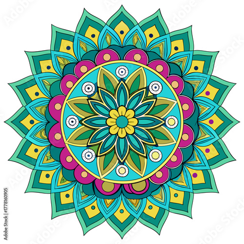 Colorful mandala design with floral and geometric patterns