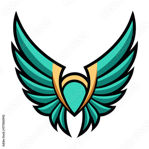 Stylized teal and gold wings emblem with central gemstone