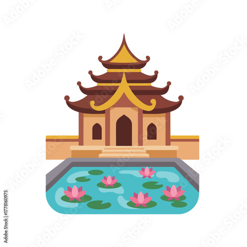 Pagoda building with lily pads suitable for travel websites, asian culture blogs, and meditationthemed designs.
