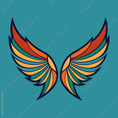 Stylized colorful wings on teal background