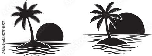 Tropical island palm trees and ocean waves silhouette