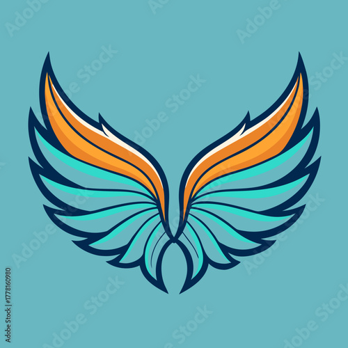 Stylized wings emblem with orange and teal feathers