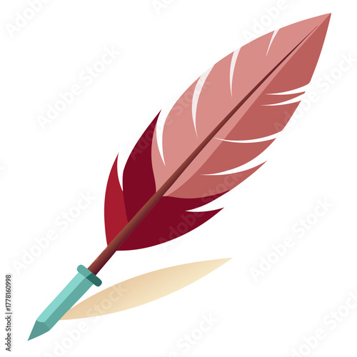 Stylized quill pen with red feather and teal tip on white background