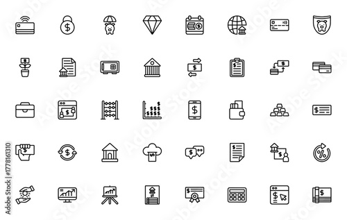 Bank icon set. Financial vector icons pack. Minimalit line icons for online baking, credit card, loan, ivestment, wallet, cash, caculator, and more. Editabl stroke.