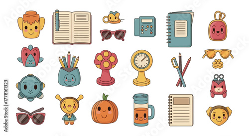 A colorful collage with many cartoonish office supply  character doodles on a white background