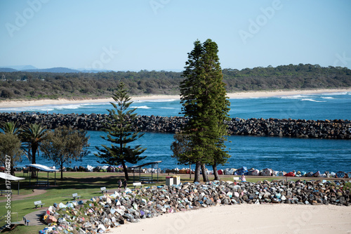 Aerial landscape view of The colourful breakwall at Port Macquarie NSW Australia.