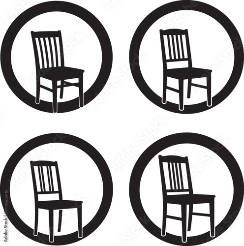 Four circular icons featuring a wooden chair silhouette