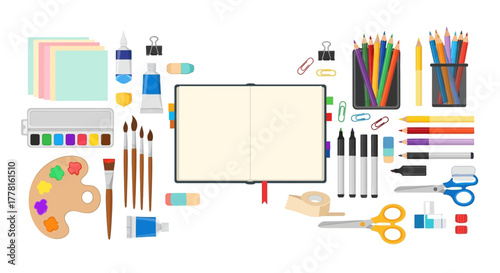 A flatlay of art supplies is centered around an open sketchbook