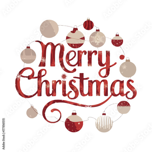 Festive merry christmas text with traditional red and white plaid pattern surrounded by hanging christmas ornaments isolated on white background