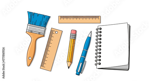 A topdown view of art supplies brush rulers pencil pen  notebook