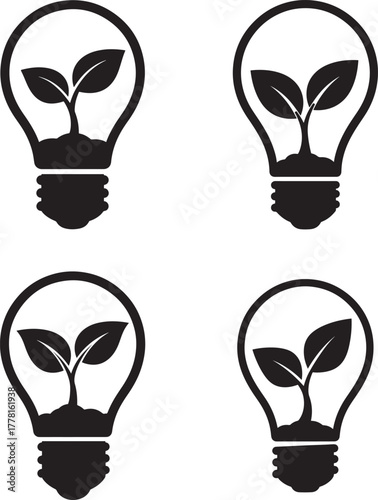 Four light bulb silhouettes with growing plant inside silhouette