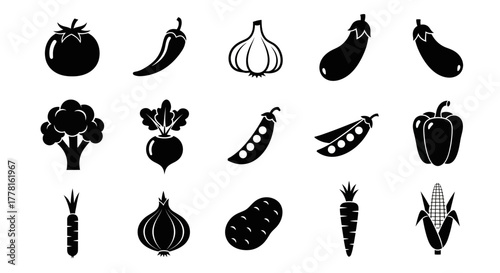 A collection of fifteen different vegetable icons in black and white, arranged in rows, showcasing various produce types.