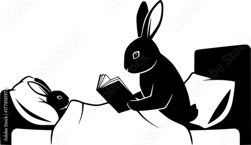 Mother rabbit reading a bedtime story to a baby bunny in a cozy bed vector silhouette isolated on white background
