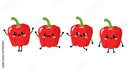 Four cheerful red bell pepper characters with cute faces, arms, and legs, expressing different emotions on a white background.