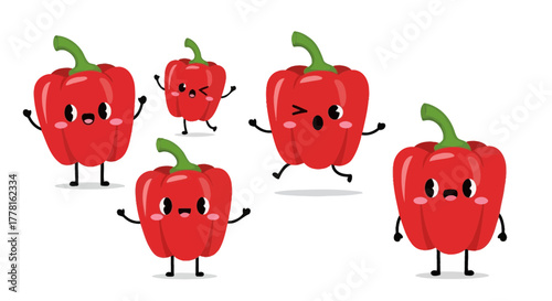 Cartoon illustration of several red bell peppers with cute faces, arms, and legs, expressing different emotions on a white background.