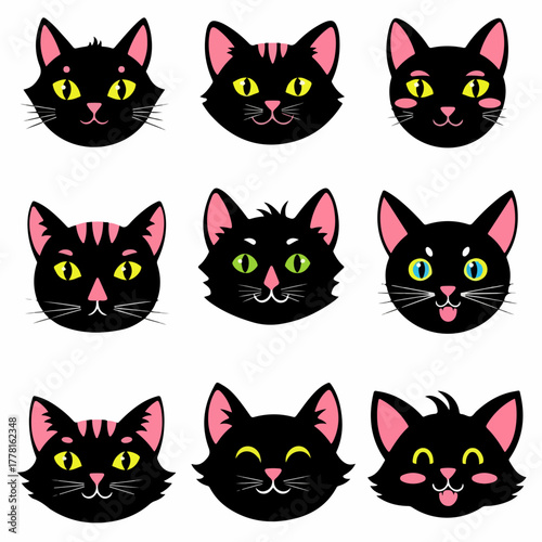 Cute black cat faces with pink accents, showcasing various playful expressions and emotions in a stylized illustration