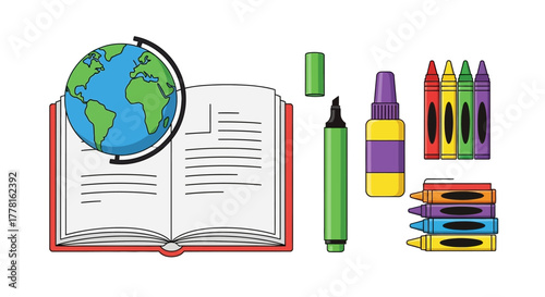 An open book with a globe alongside markers crayons and a bottle