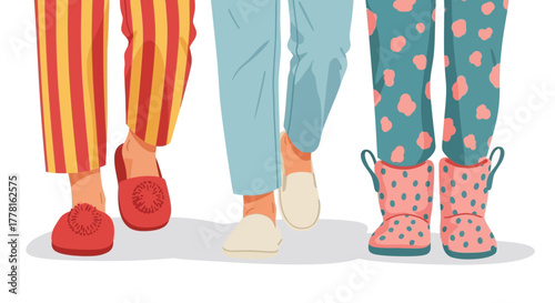 Three pairs of legs and feet wearing pajamas and slippers are walking forward, showcasing different patterns and colors.