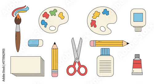 Art supplies brushes paint pencils paper glue and scissors arranged in an organized composition