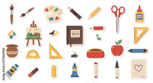 Art supplies Brushes paint pencils palette scissors glue easel sketchbook ruler apple clay pot and paper with a heart