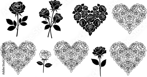 Elegant vector silhouette collection of floral bouquets and romantic heart shapes made of roses isolated on white background

