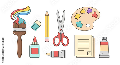 Art supplies depicted paint brush paints papers scissors glue pencil eraser and palette