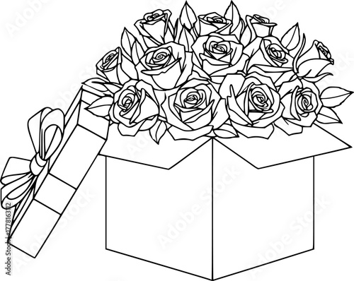 Elegant vector silhouette of an open gift box overflowing with blooming roses isolated on white background
