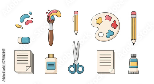 Art supplies paint brush paint pencils paper scissors glue and paint palette arranged on a white background