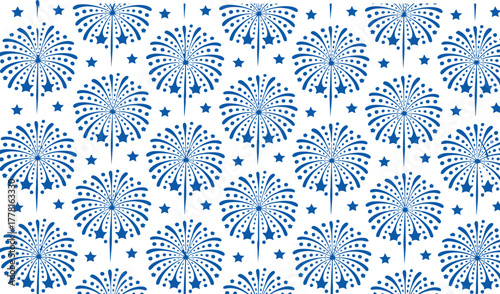 Seamless pattern of vibrant blue fireworks illuminating a starry night sky