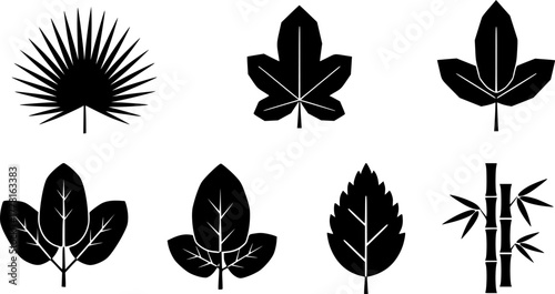 Diverse vector leaf silhouettes collection featuring palm broadleaf spinach and bamboo plant elements isolated on white background
