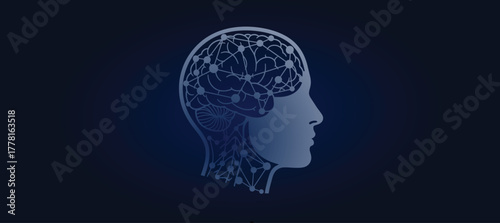 Human Head Silhouette with Neural Network Brain. Artificial Intelligence, Machine Learning, and Mind Technology Concept Vector Illustration.