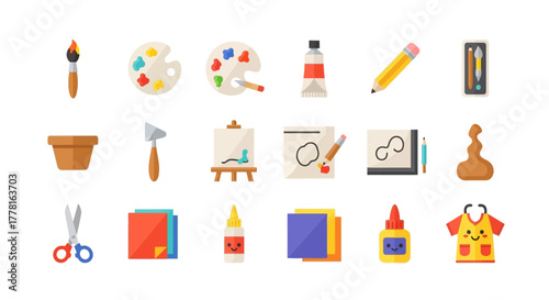 Art supplies paintbrush palette pencil clay paper glue and other craft tools arranged in rows on a white background