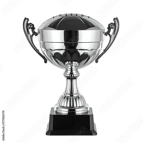 Gleaming silver award cup with ornate handles and base