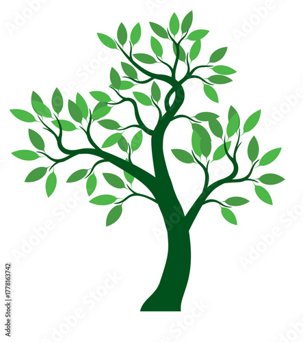 A tree drawn by hand. Green leaves on branches and curved trunk. Vector Illustration.