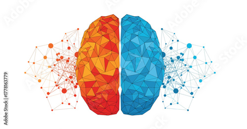 Left and Right Brain Hemisphere Concept. Logic vs. Creativity, Duality of Mind, and Technology Network Connection Vector Polygonal Illustration.