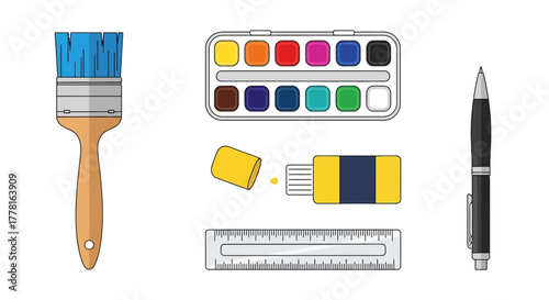 Art supplies paintbrush watercolors glue ruler and pen on a white background
