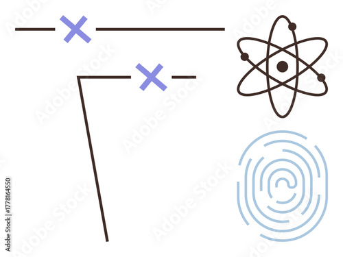 Atomic structure, fingerprint pattern, and crossing lines representing science, identification, authentication, security, innovation, analysis discovery. Ideal for cybersecurity science