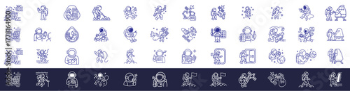 Astronaut Activity & Safety Thin Line Icons Space Exploration Spacewalk Astronaut Suit Safety Gear Icon Set.