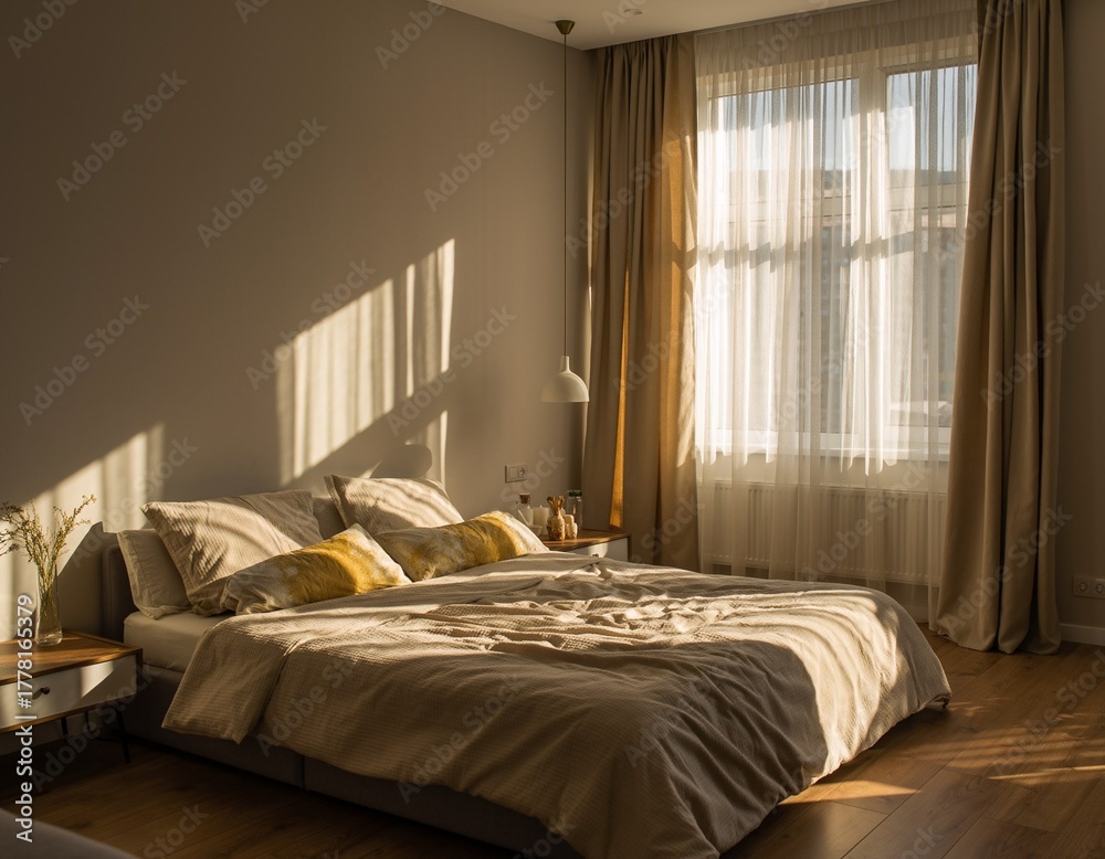 Fototapeta premium Modern Cozy Bedroom Interior with Morning Sunlight and Neutral Warm Tones
