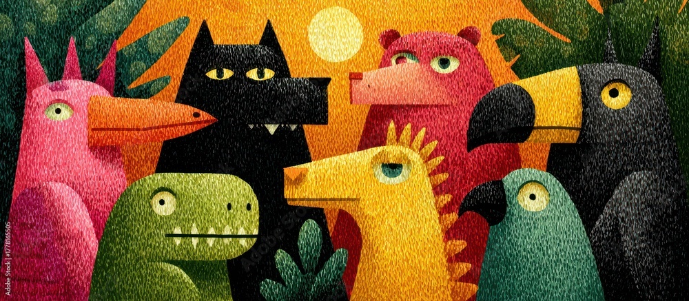 Naklejka premium Stylized illustrations of animals, with bright colors, grouped together