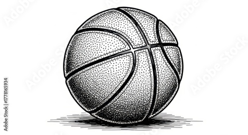 Detailed black and white illustration of a basketball with a hand-drawn, stippled texture on white