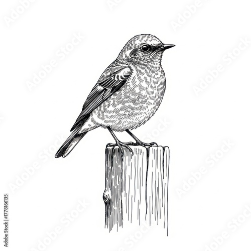 Detailed monochrome drawing of a bird perched on a wooden post.
