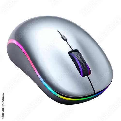 Sleek silver computer mouse with vibrant RGB lighting