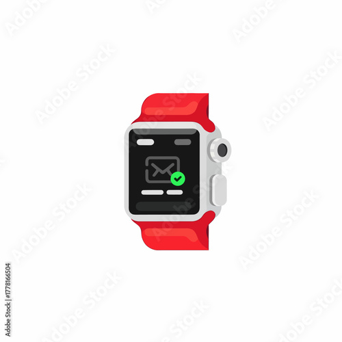 Modern smartwatch illustration with red strap and digital display showing message notification. Perfect for technology, fitness, communication, and wearable gadget concepts.