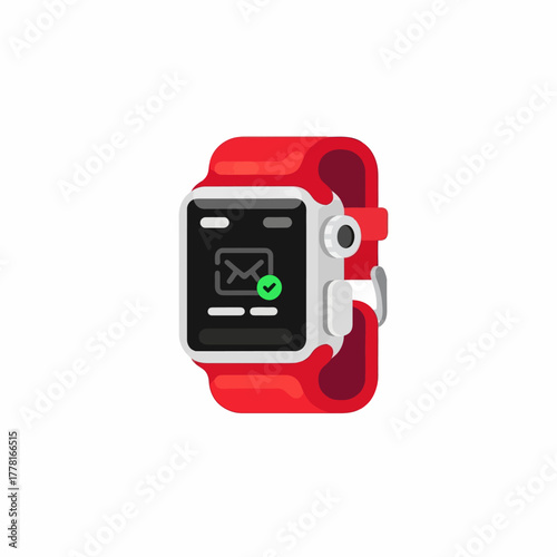Modern smartwatch illustration with red strap and digital display showing message notification. Perfect for technology, fitness, communication, and wearable gadget concepts.