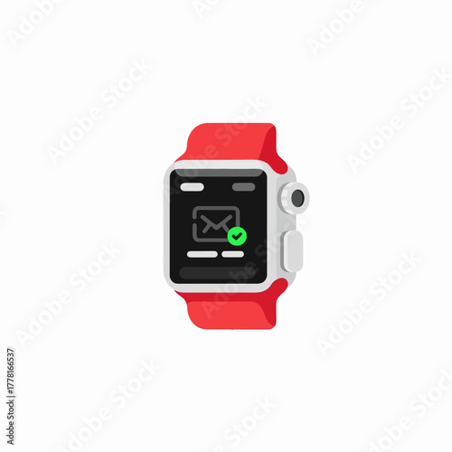 Modern smartwatch illustration with red strap and digital display showing message notification. Perfect for technology, fitness, communication, and wearable gadget concepts.