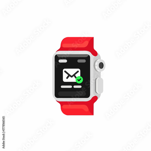 Modern smartwatch illustration with red strap and digital display showing message notification. Perfect for technology, fitness, communication, and wearable gadget concepts.