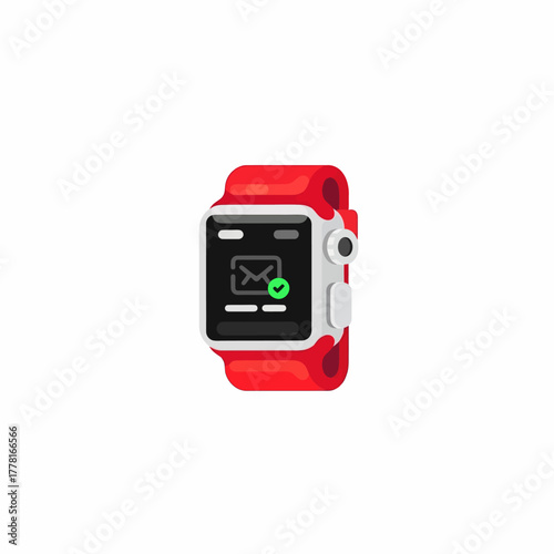 Modern smartwatch illustration with red strap and digital display showing message notification. Perfect for technology, fitness, communication, and wearable gadget concepts.