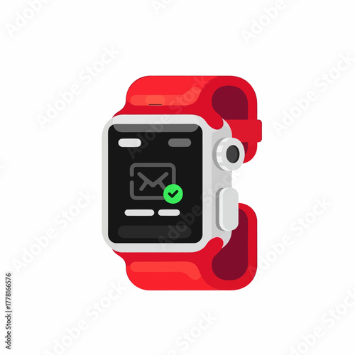Modern smartwatch illustration with red strap and digital display showing message notification. Perfect for technology, fitness, communication, and wearable gadget concepts.