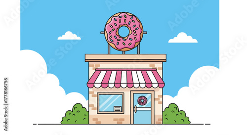 Colorful donut shop illustration with pink frosted donut sign, striped awning, and blue sky background. Perfect for bakery, dessert, or cafe branding design.